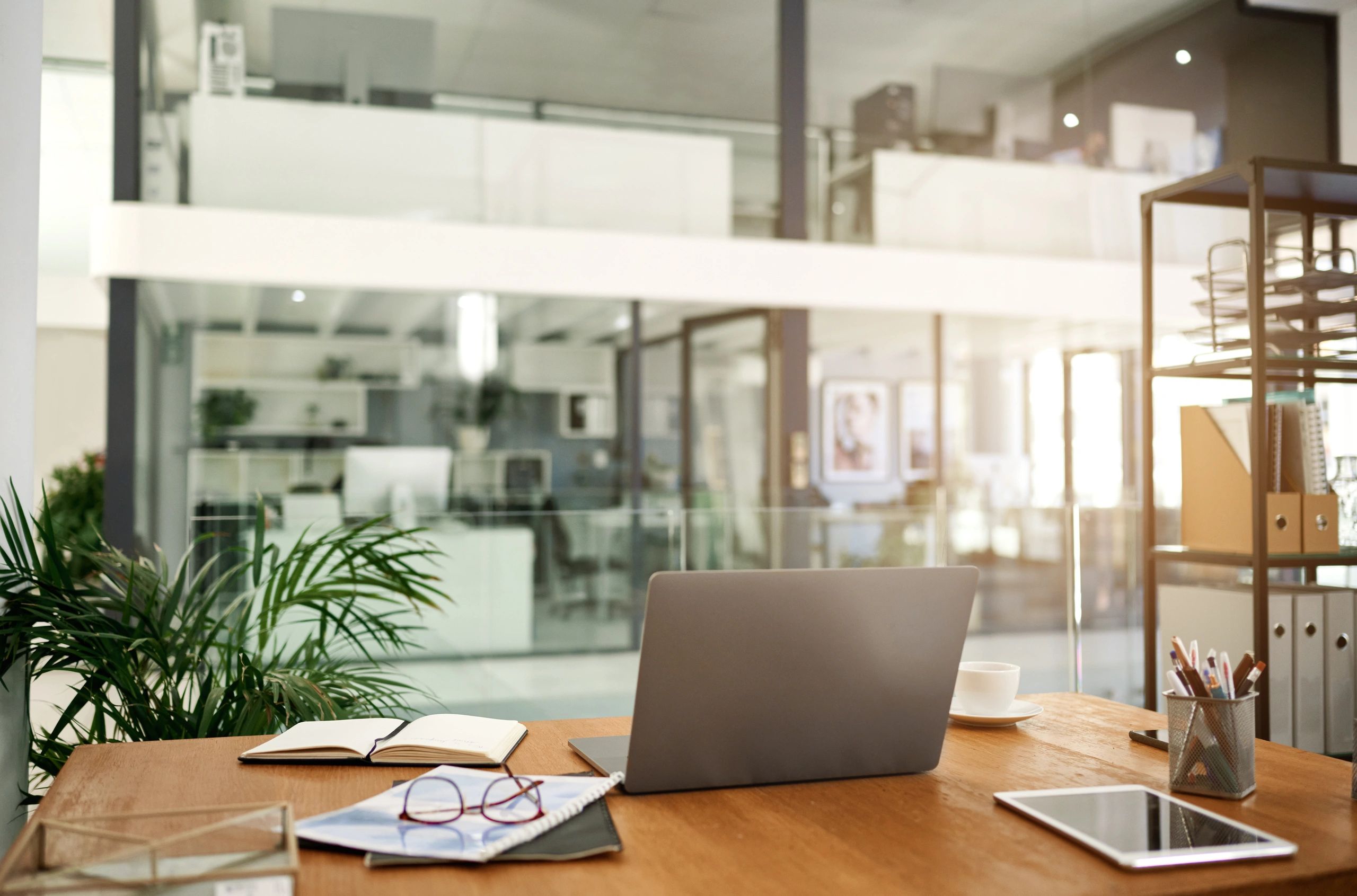 Laptop displayed on a minimal office table