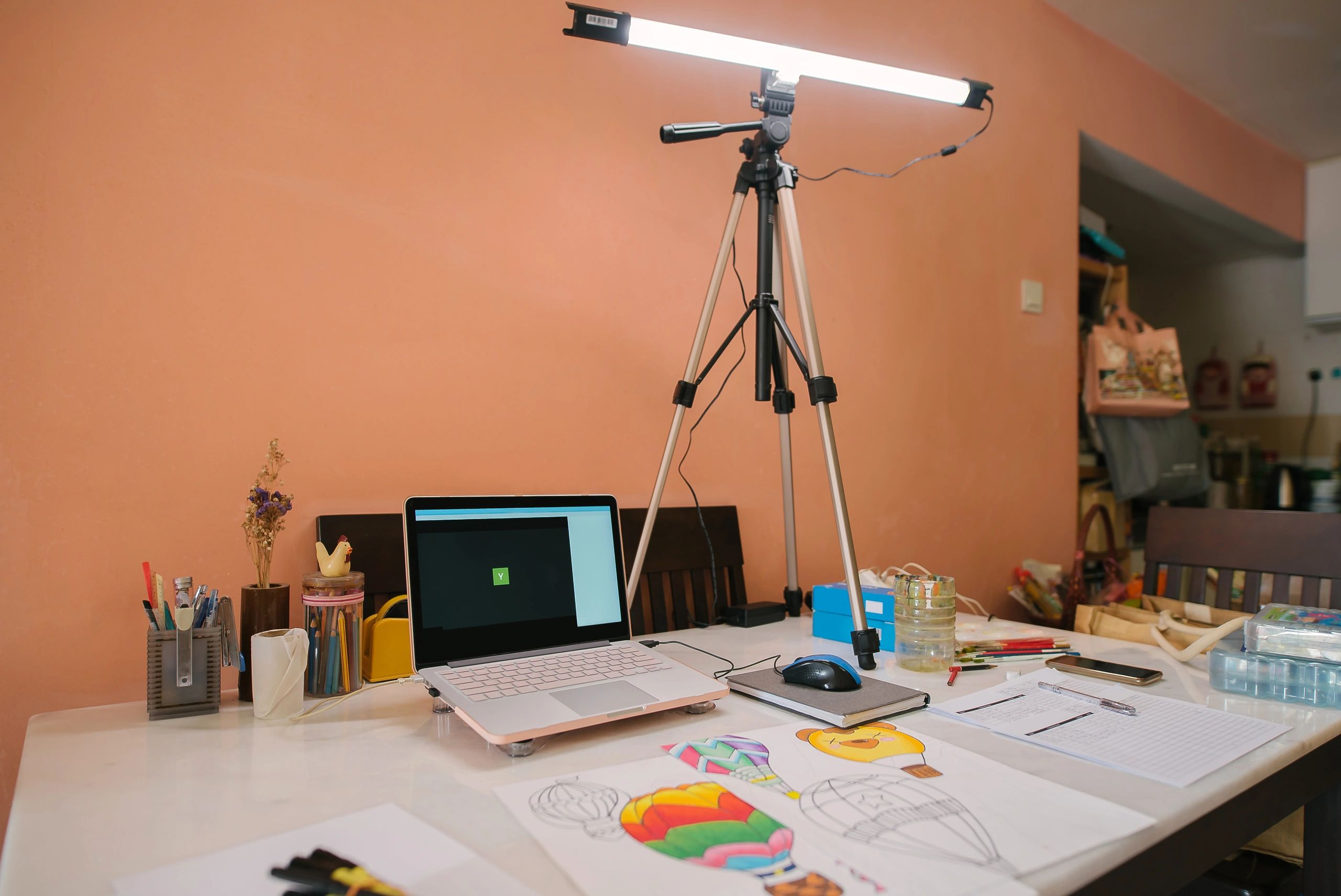 Desk setup prepared for office video meetings