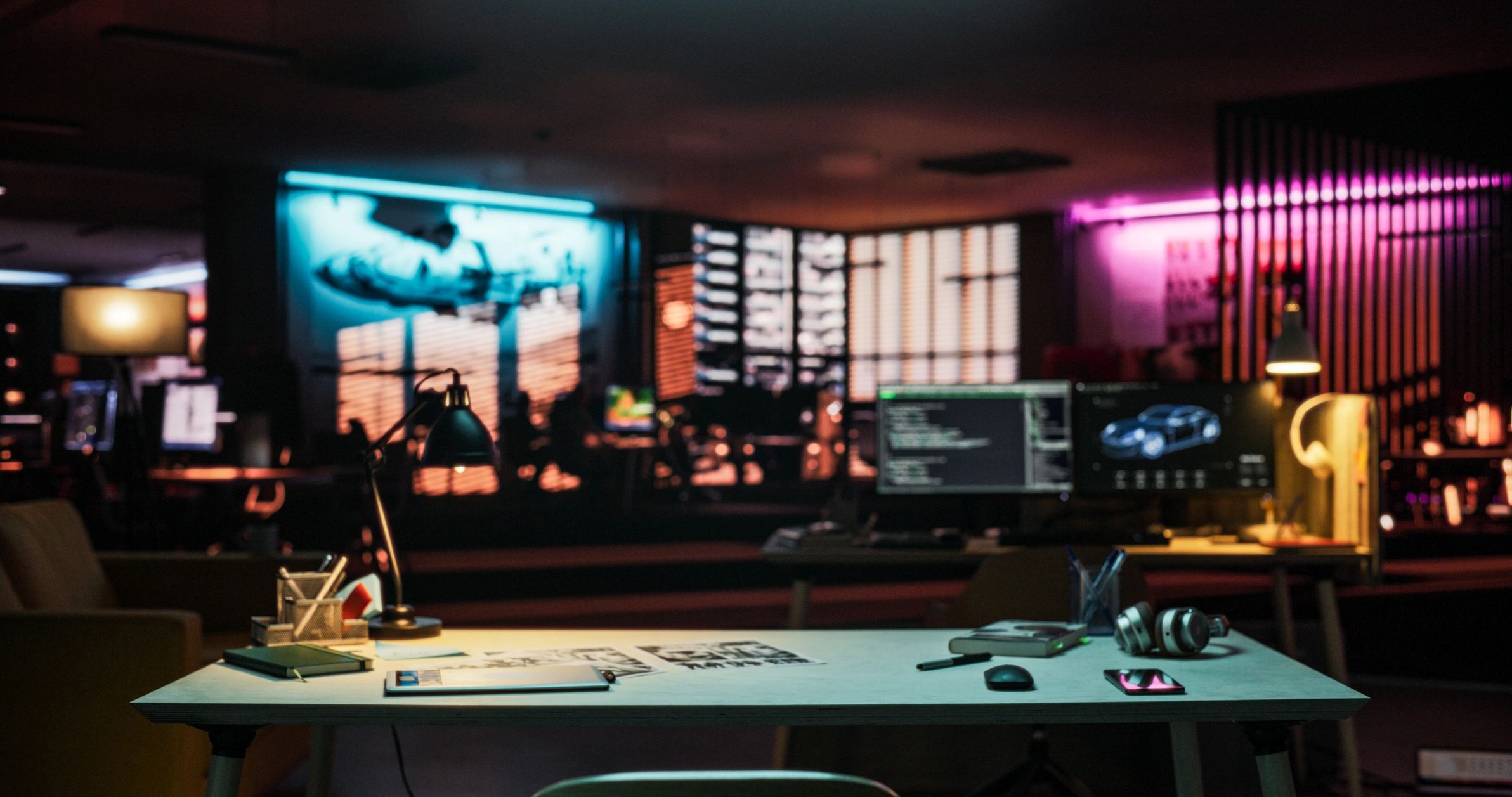 Neon-lit gaming workspace with accessories