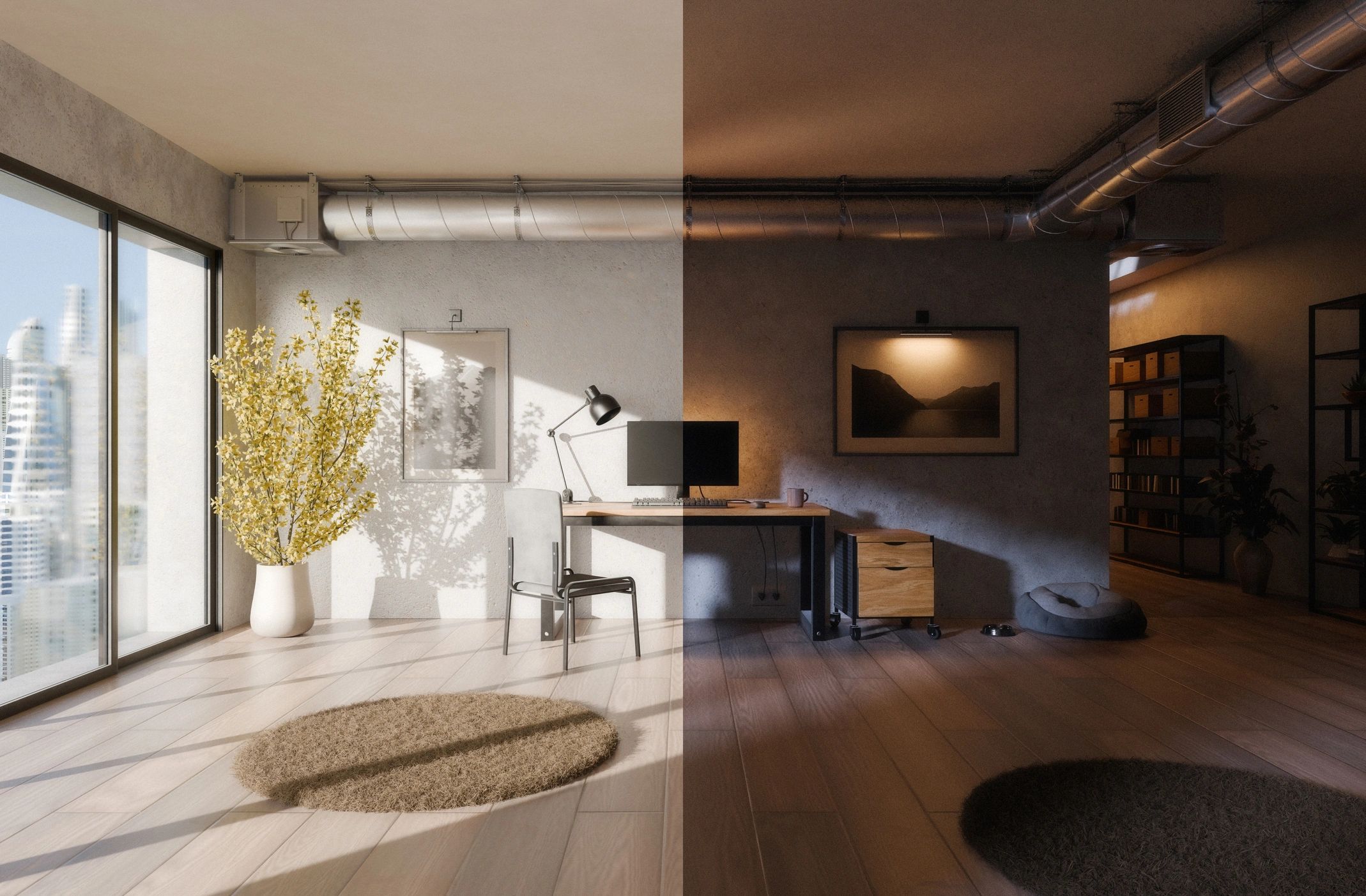 Premium monitor workspace in a bright minimalist office