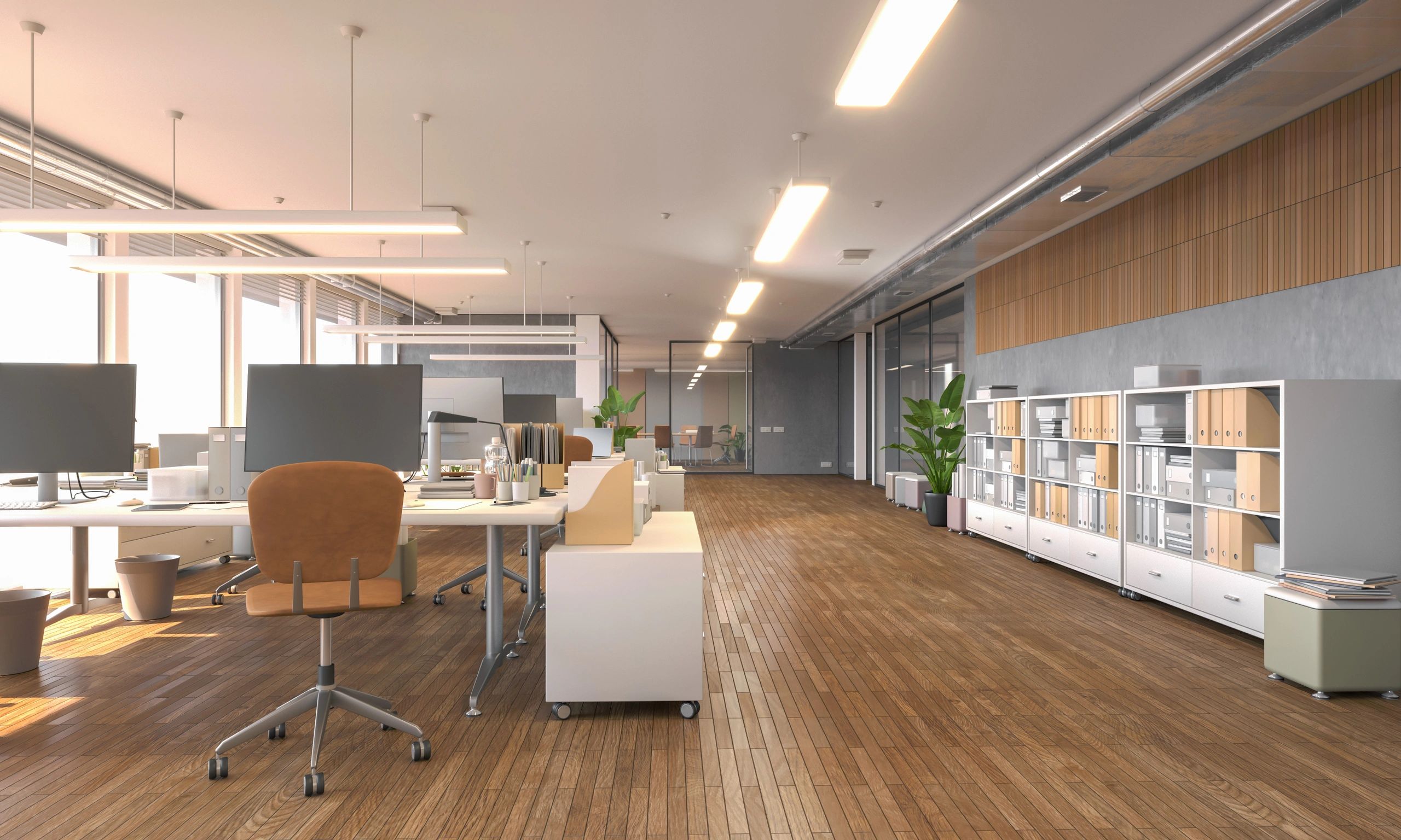 Contemporary office environment with multiple computer workstations