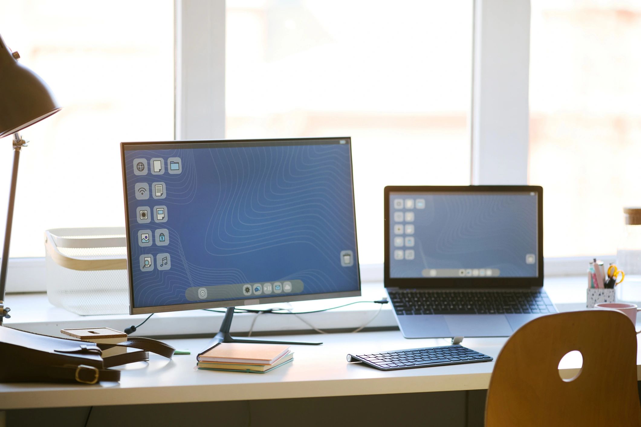 Home office workspace with desktop and laptop